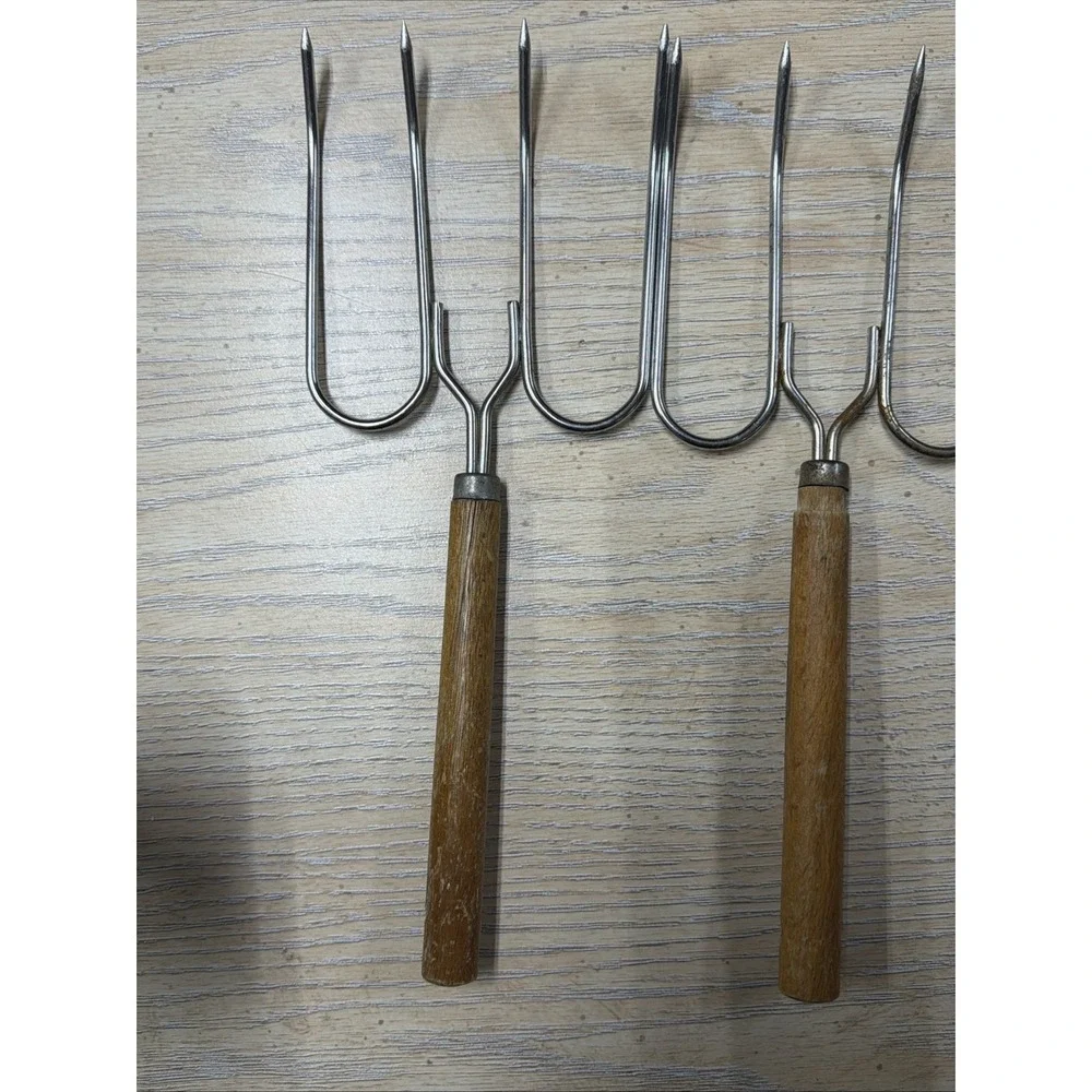 Pair Of‎ Vintage 4-Prong MEAT LIFTING FORKS With Wood Handles 10.5